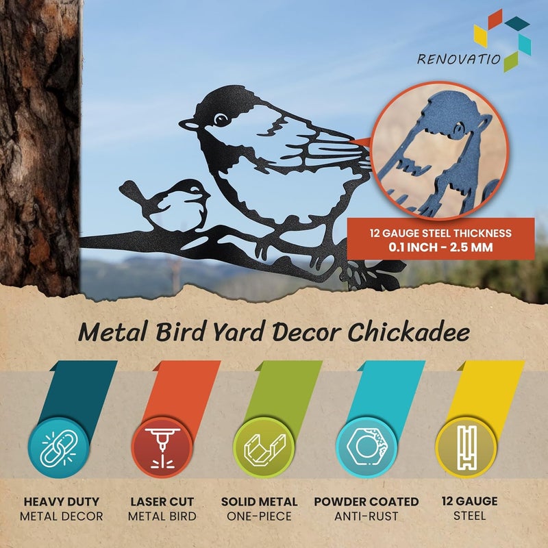 Renovatio Metal Bird Decor, Gifts for Mom, Elegant Bird Ornaments for Backyard, Patio, and Outdoor Spaces – Metal Decoration, Garden Art, Tree Ornaments & Statues – Chickadee (Black) - Image 2